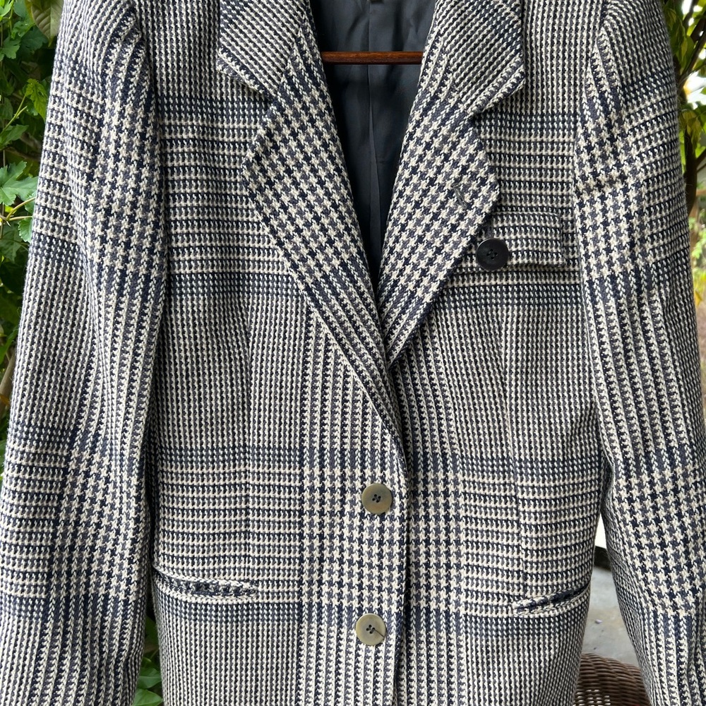 Vintage Authentic Giorgio Armani Wool Houndstooth Blazer Navy Cream Sz 10/44